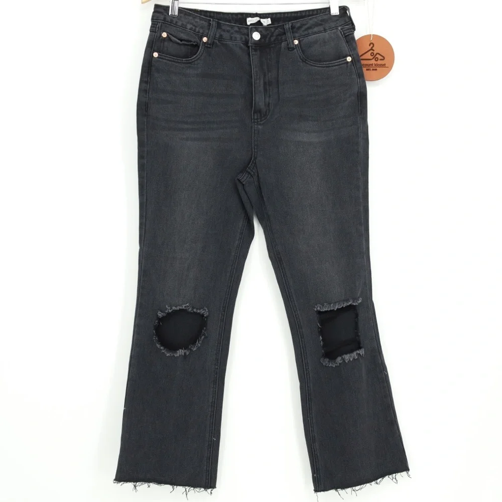 Avec Les Filles High Rise Distressed Jeans Size 29 Black Flared Cropped NWT